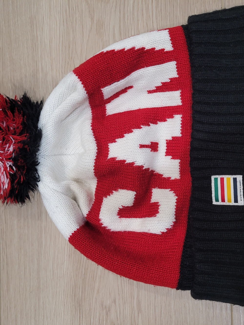 Burberry Red White and Black Knit Pom Beanie